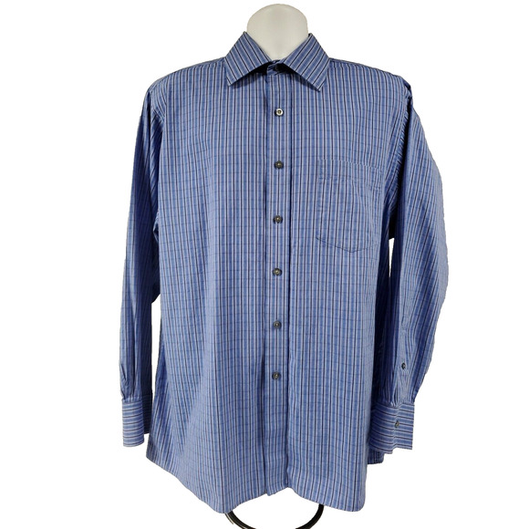 Michael Kors Mens Button Up Long Sleeve Shirt Blue Black Striped 17 XL 34/35 - Picture 2 of 10